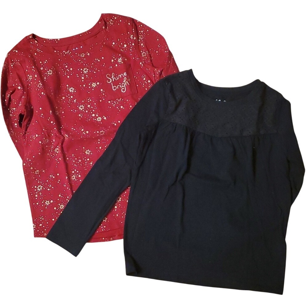 Cat & Jack Girls 2 Pack Long Sleeve Shirts - Black Eyelet Lace and Red/Gold Star